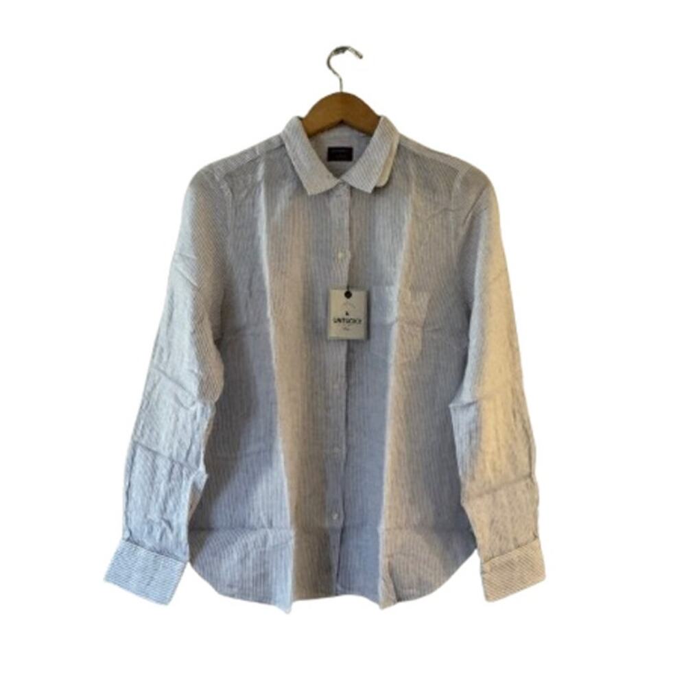 NEW UNTUCKit Angelen Button Up Shirt 10 White Pinstriped Linen Blend Pocket NWT‎